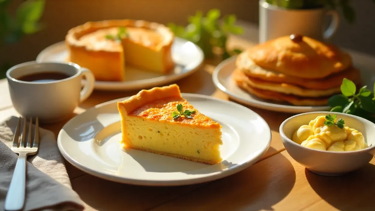 Variety of colorful egg dishes on a wooden table with quiche, tamagoyaki, scrambled eggs, crepe, and egg salad.