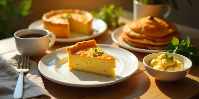 Variety of colorful egg dishes on a wooden table with quiche, tamagoyaki, scrambled eggs, crepe, and egg salad.