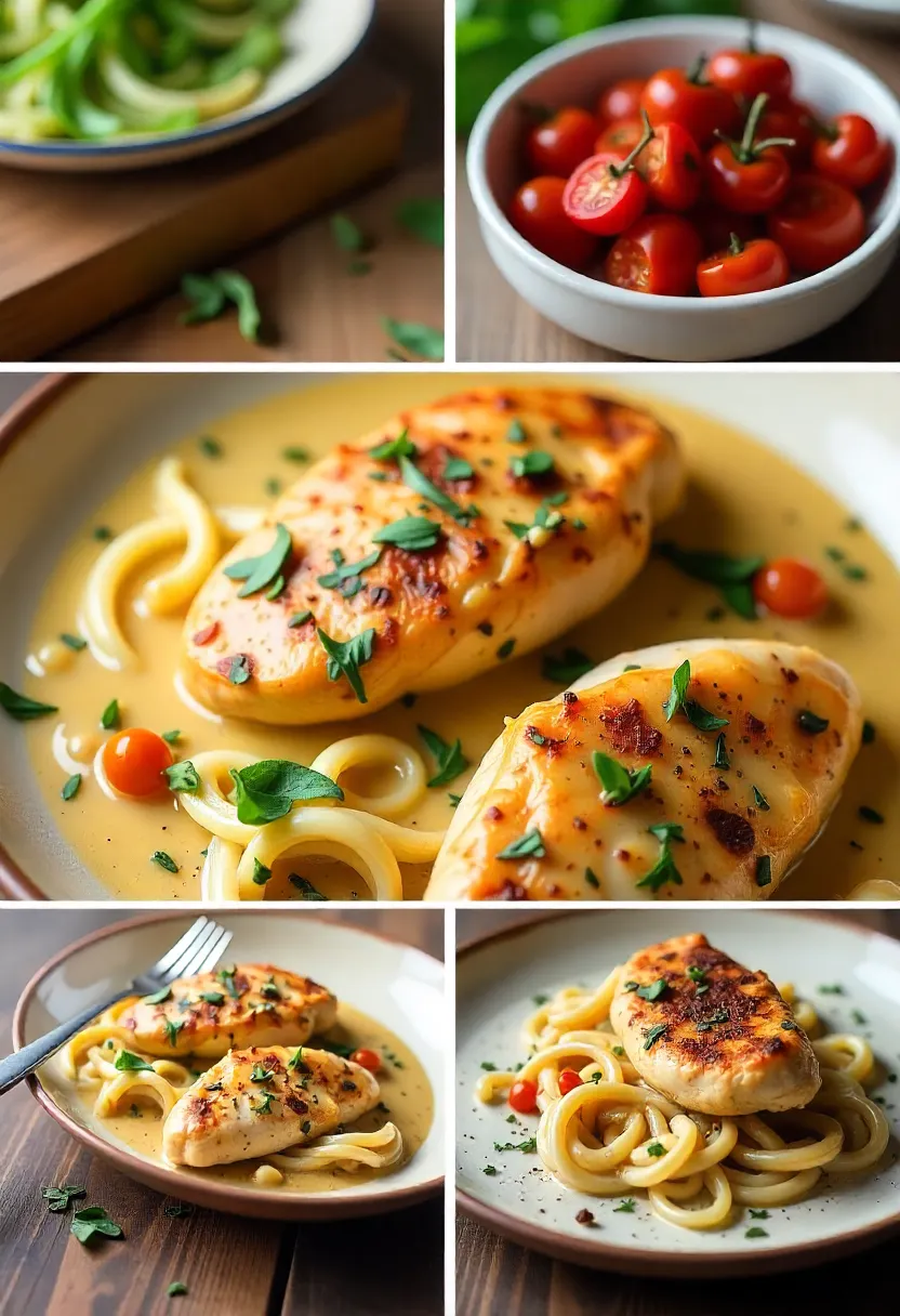 Golden chicken breast in creamy parmesan sauce with basil and sun-dried tomatoes.