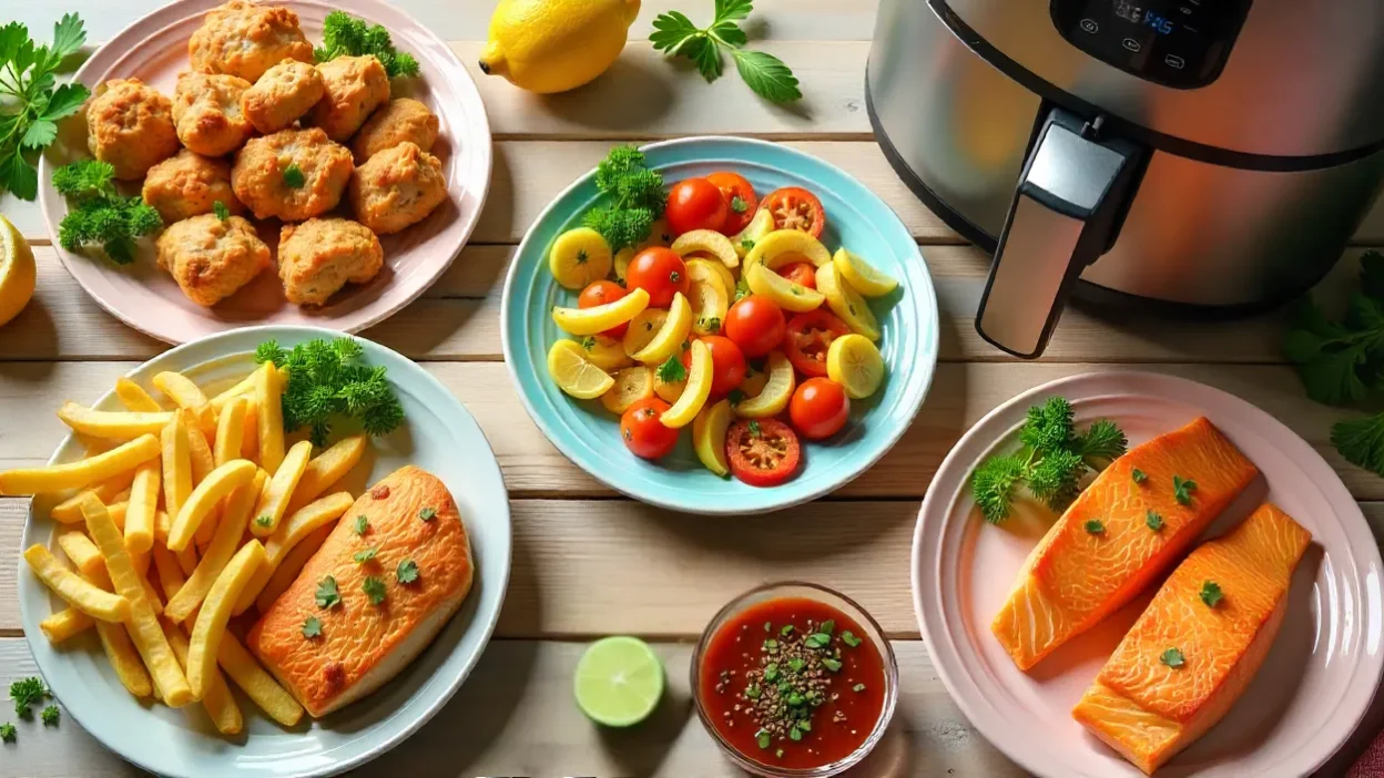 Air fryer recipes with fries, chicken, veggies, and salmon served on colorful plates with fresh herbs and spices.