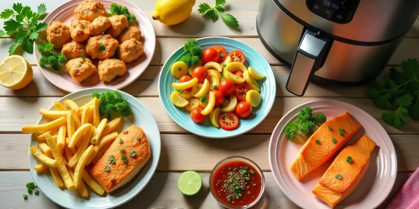 Air fryer recipes with fries, chicken, veggies, and salmon served on colorful plates with fresh herbs and spices.