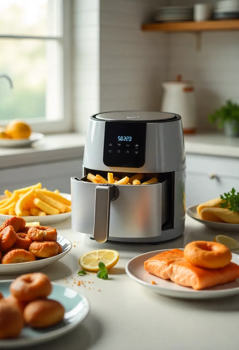 Modern air fryer with fries, chicken, salmon, and donuts on colorful plates in a bright kitchen setting.