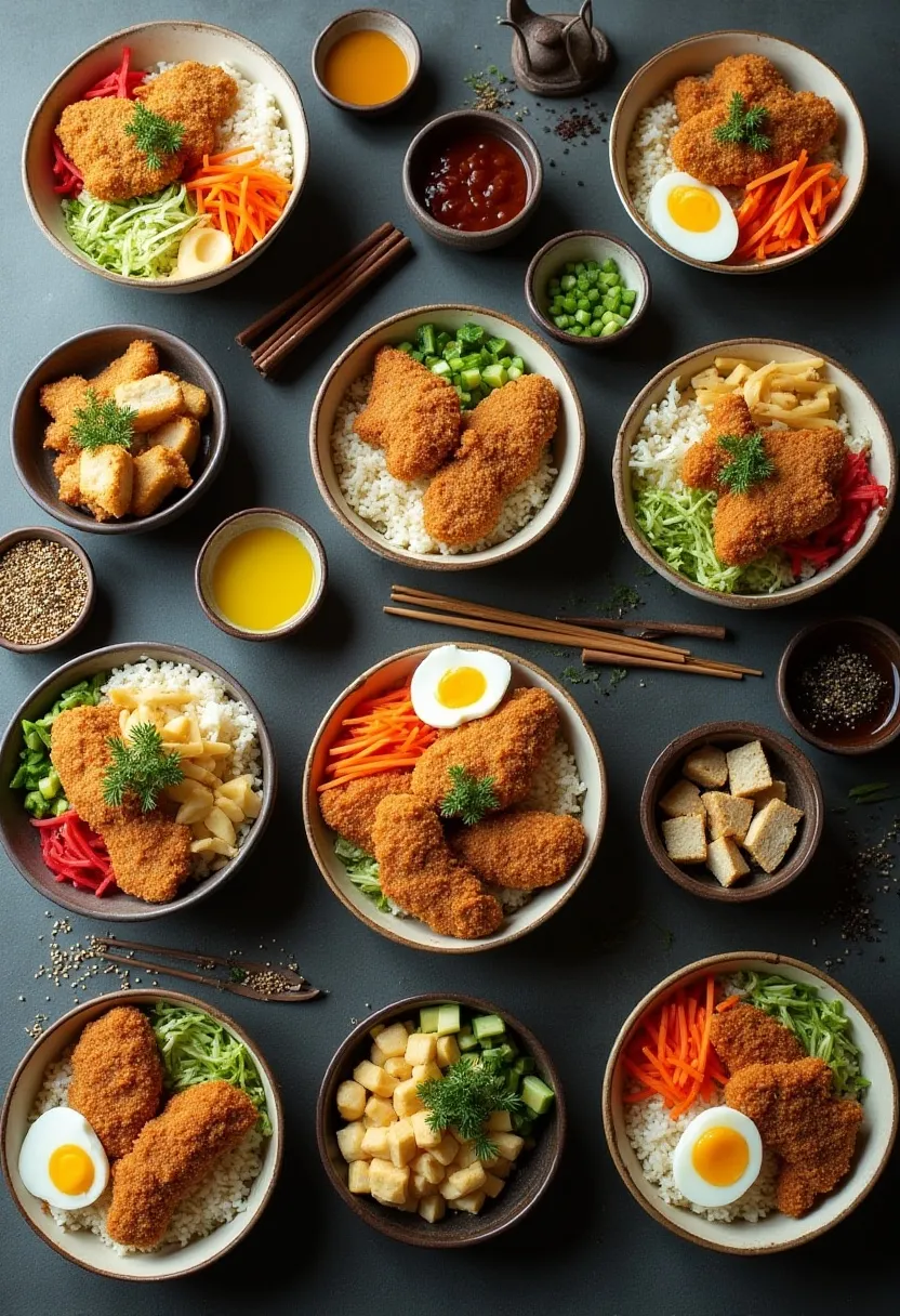 Collage showing various Japanese chicken katsu bowls with toppings, sauces, and sides, highlighting speed, balance, and versatility.
