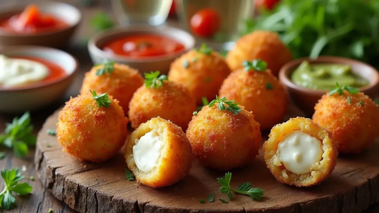 Golden arancini with melted cheese inside, served with sauces, fresh herbs, and a side salad on a rustic table.