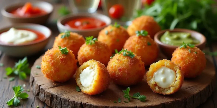 Golden arancini with melted cheese inside, served with sauces, fresh herbs, and a side salad on a rustic table.