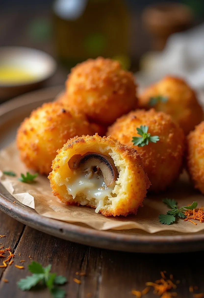 Golden crispy arancini with creamy rice and gooey mozzarella, served on a rustic plate with herbs and saffron.