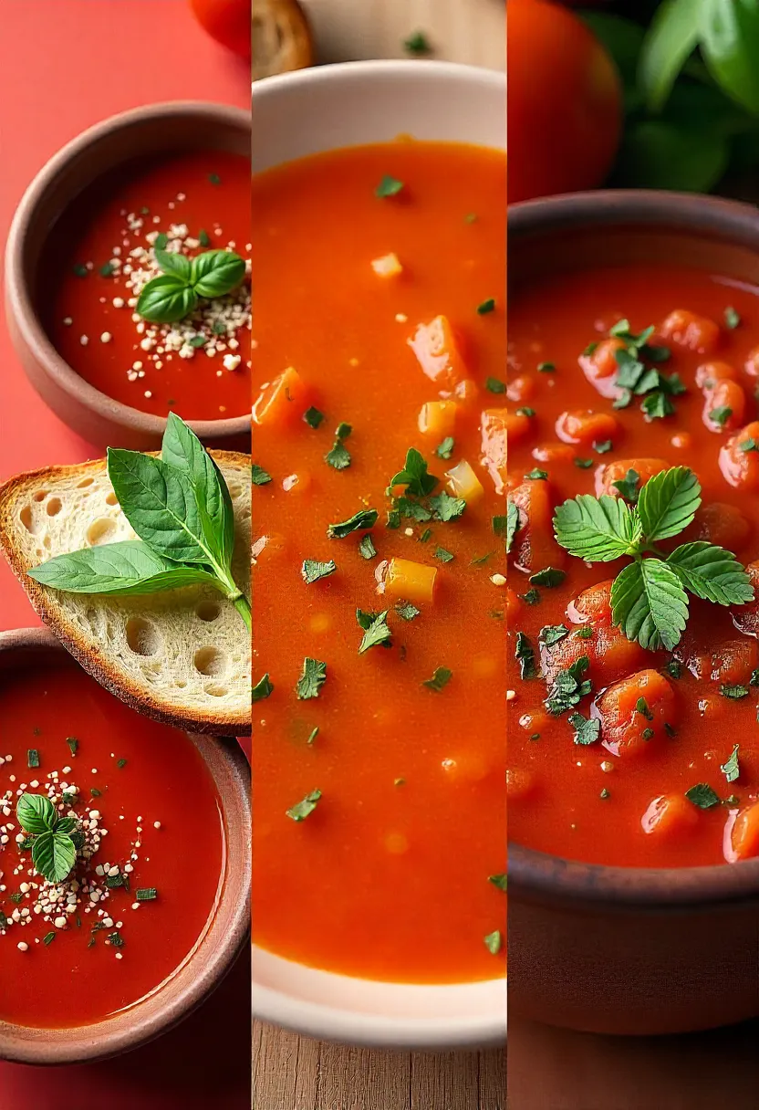 Collage of tomato soups from Italy, Spain, and India, each garnished and served with bread or vegetables.