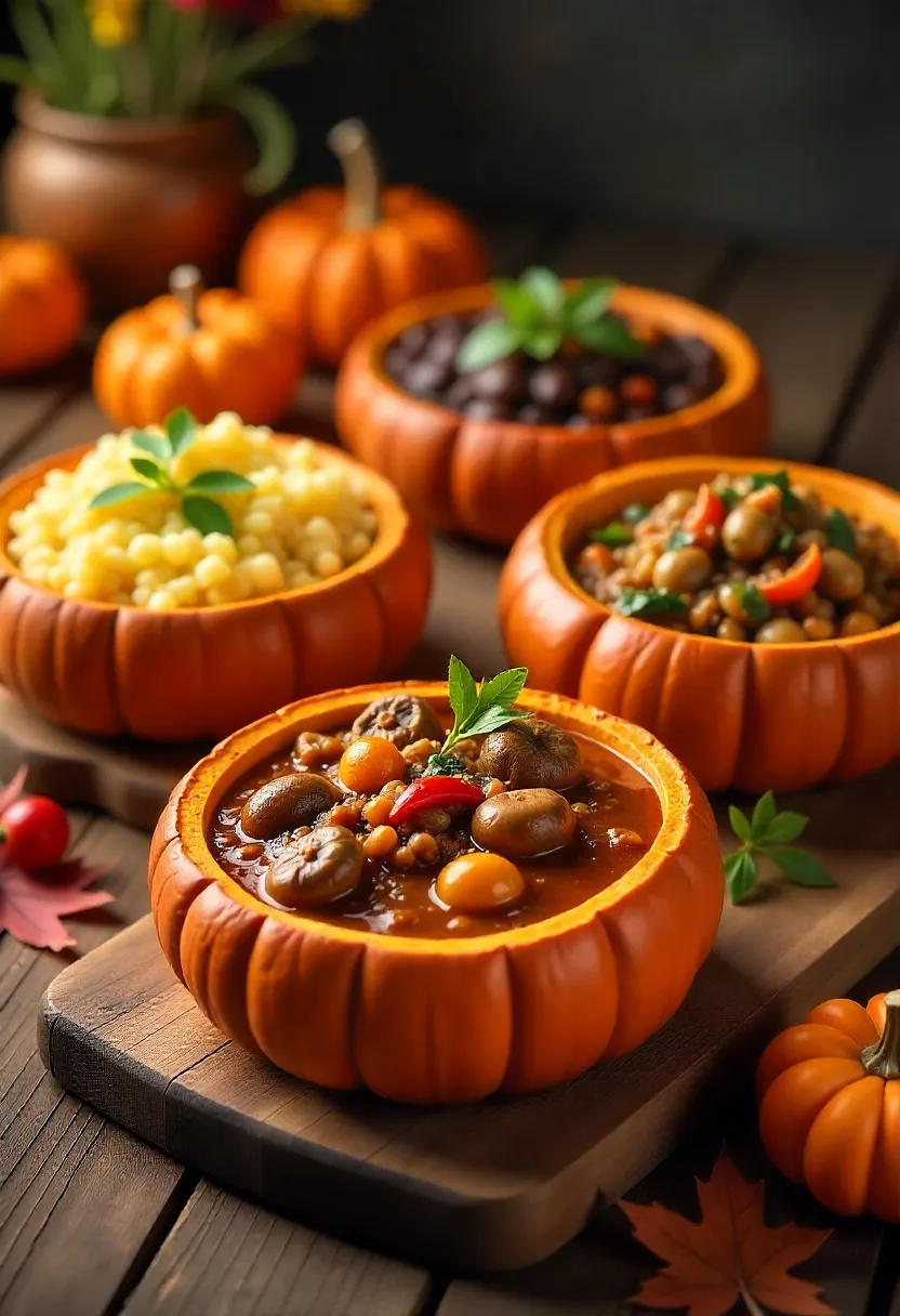 Pumpkin bread bowls filled with international dishes: Italian risotto, French ragout, Mexican stew, and Japanese curry.