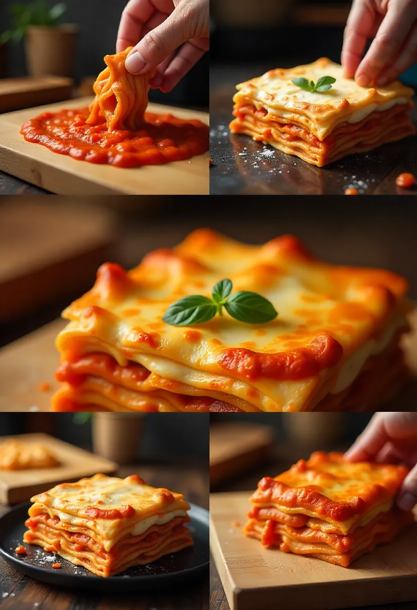 Collage of lasagna being layered with sauce, pasta, ricotta, and cheese.