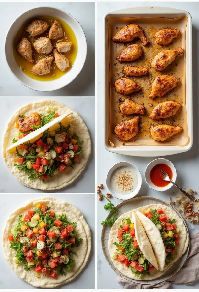 Collage of raw, marinated, baked, and plated shawarma with fresh vegetables and spices.