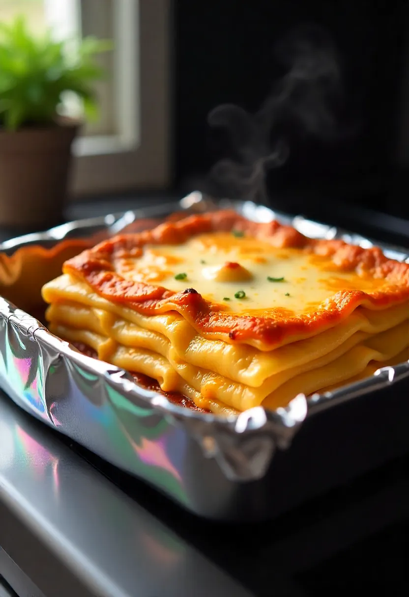 Lasagna baking in the oven with bubbling cheese and golden crust.