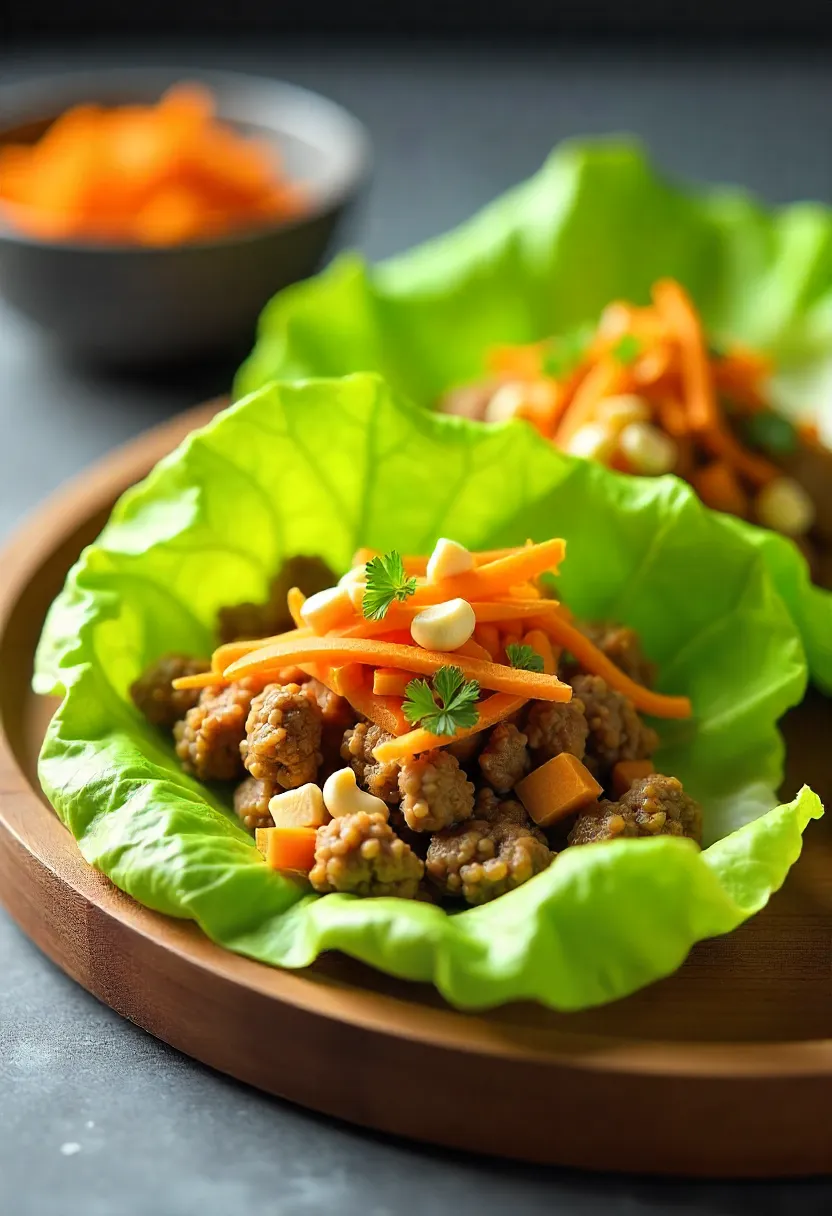 Beef and quinoa lettuce wraps with carrots, peanuts, herbs, and sriracha on a wooden platter.