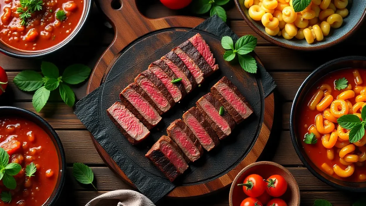 Colorful assortment of global beef dishes with vegetables and herbs on rustic wooden table.