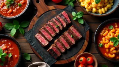 Colorful assortment of global beef dishes with vegetables and herbs on rustic wooden table.