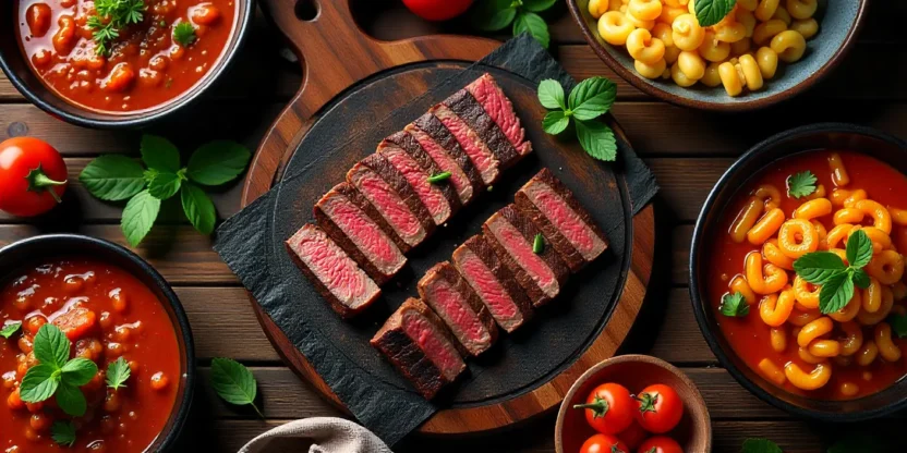 Colorful assortment of global beef dishes with vegetables and herbs on rustic wooden table.