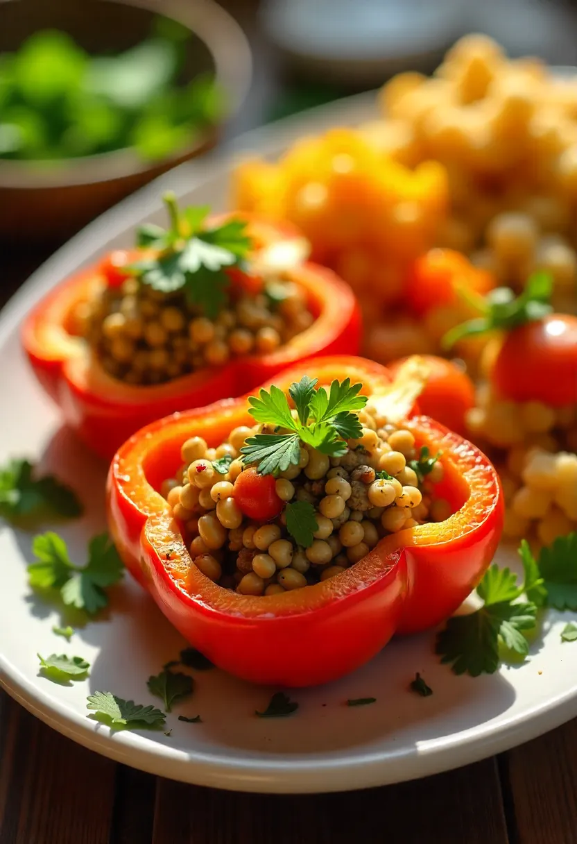 Colorful lentil-stuffed bell peppers garnished with parsley and tahini, served with roasted vegetables.