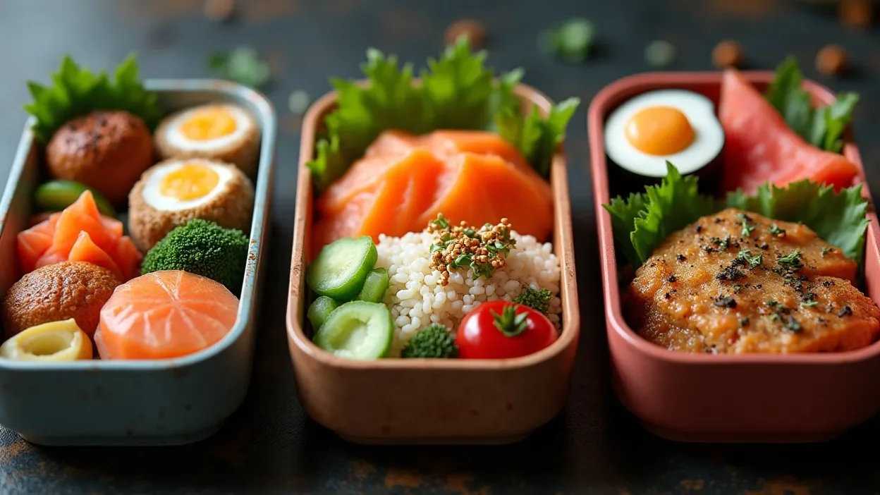 Colorful bento box with rice, vegetables, fruits, and proteins arranged like edible art.