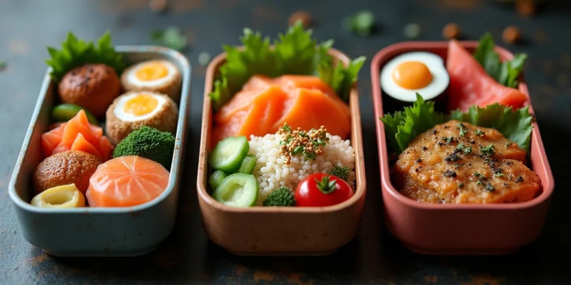 Colorful bento box with rice, vegetables, fruits, and proteins arranged like edible art.
