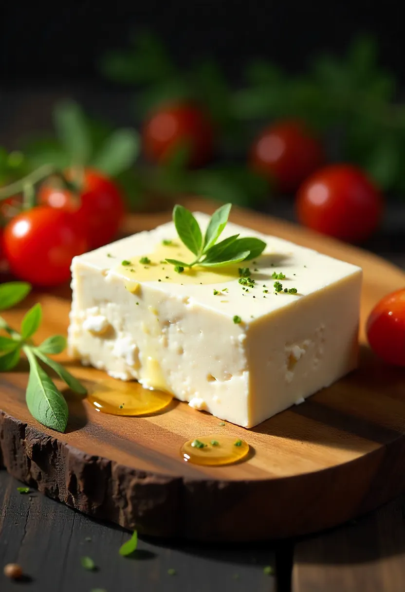 Block of Greek feta cheese with herbs and tomatoes on a wooden board.