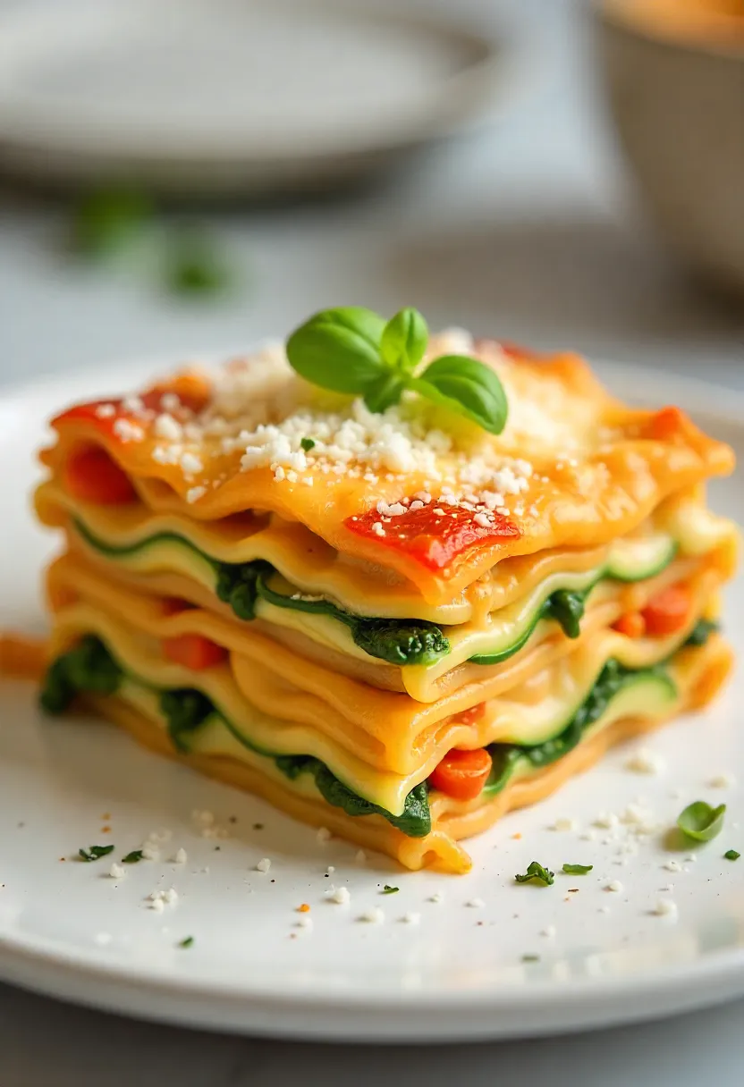 Traditional and modern lasagna with layers of pasta, cheese, and vegetables.