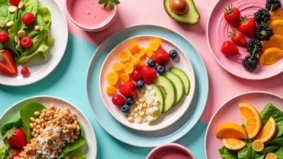 Colorful flat-lay of monochrome meals with pink and green dishes.