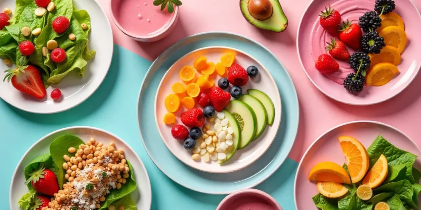 Colorful flat-lay of monochrome meals with pink and green dishes.
