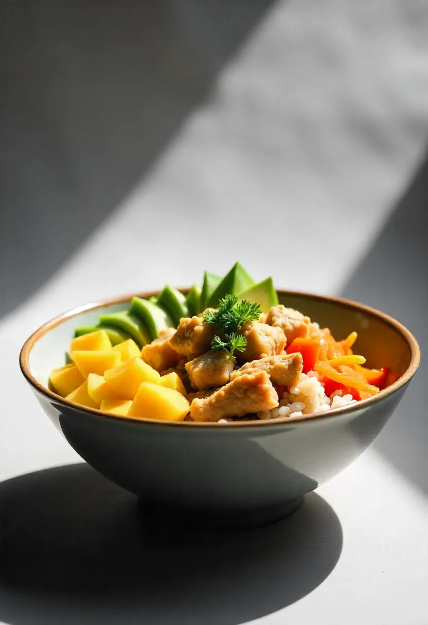 Colorful sushi bowl with rice, chicken, and fresh toppings as an easy alternative to sushi rolls.