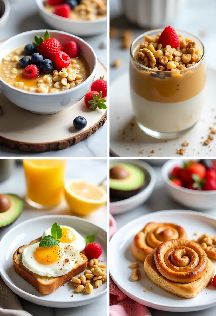 Collage of cozy breakfast dishes: oats with berries, quinoa bowl, yogurt parfait, avocado toast, and cinnamon rolls in soft morning light.