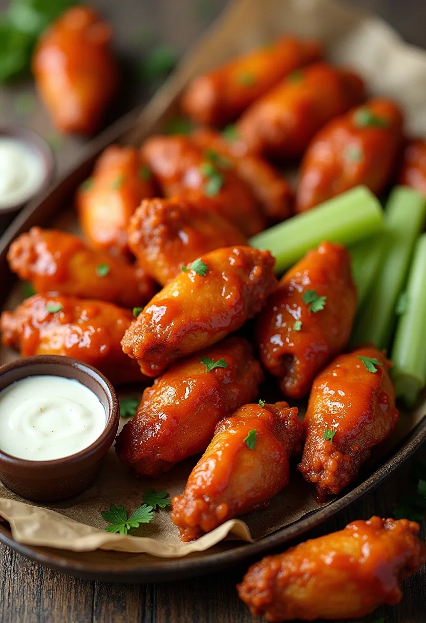 Collage of classic Buffalo wings with celery sticks and blue cheese dip on a rustic table.