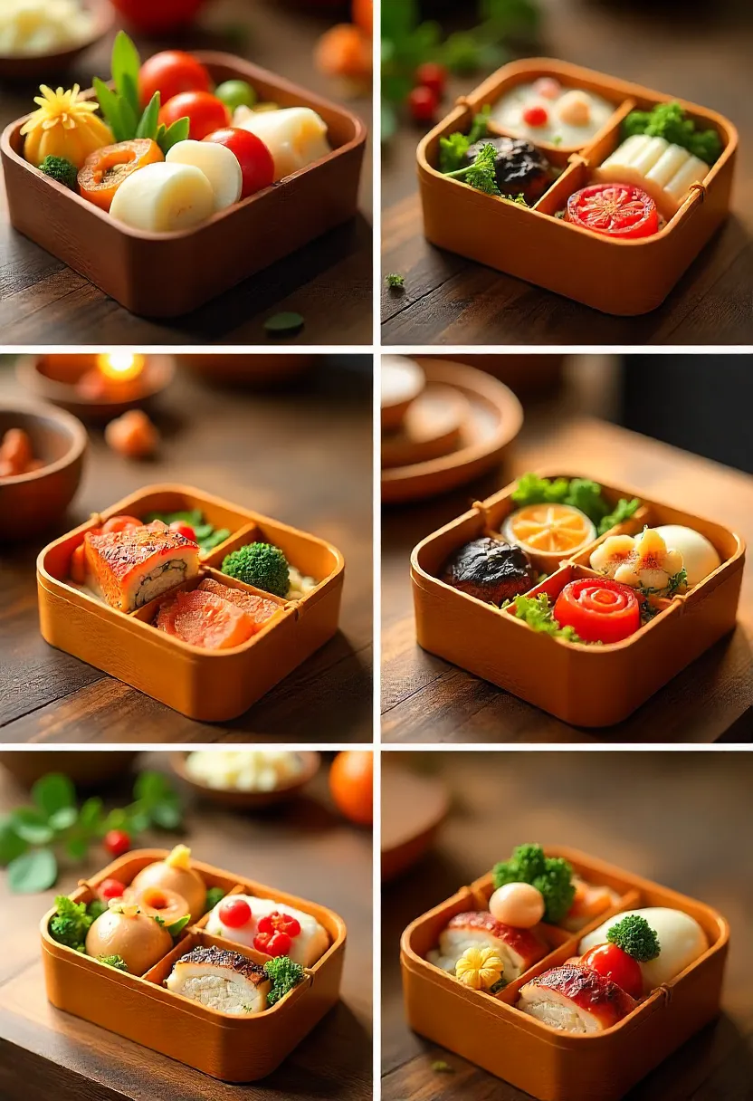 Collage showing six steps to prepare a bento: theme, cooking, arranging, coloring, spacing, and packing.
