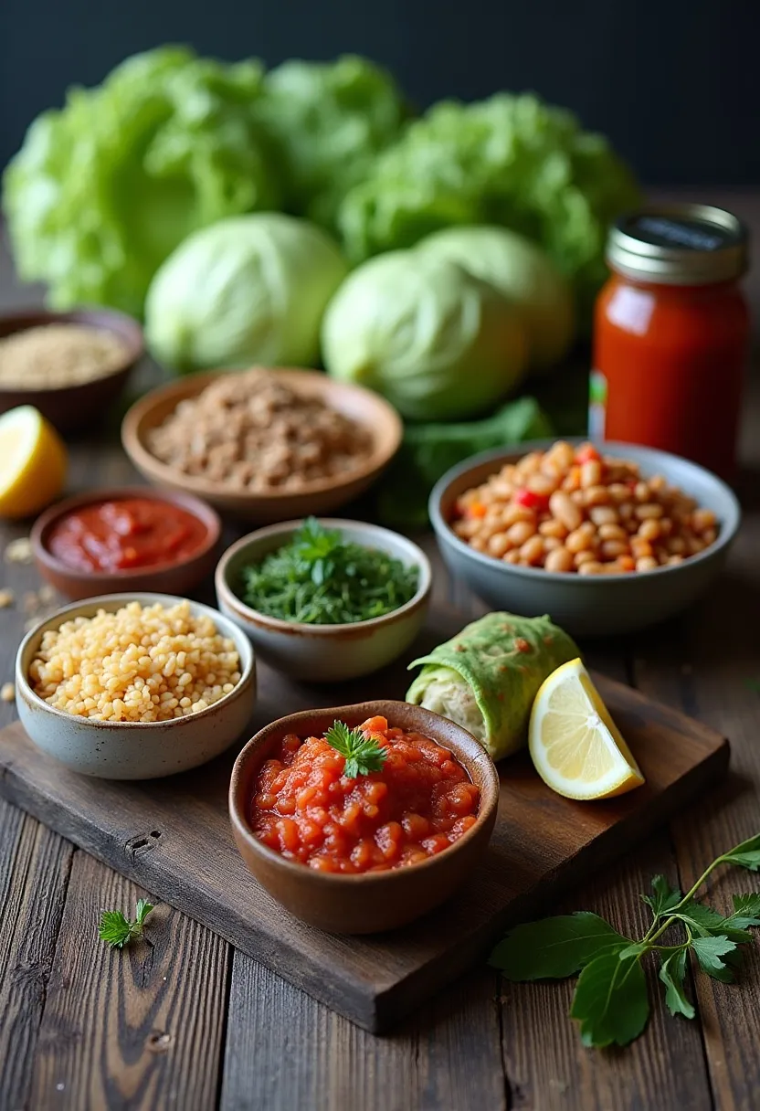 Fresh cabbage, meat, grains, vegetables, and tomato sauce arranged for making cabbage rolls.