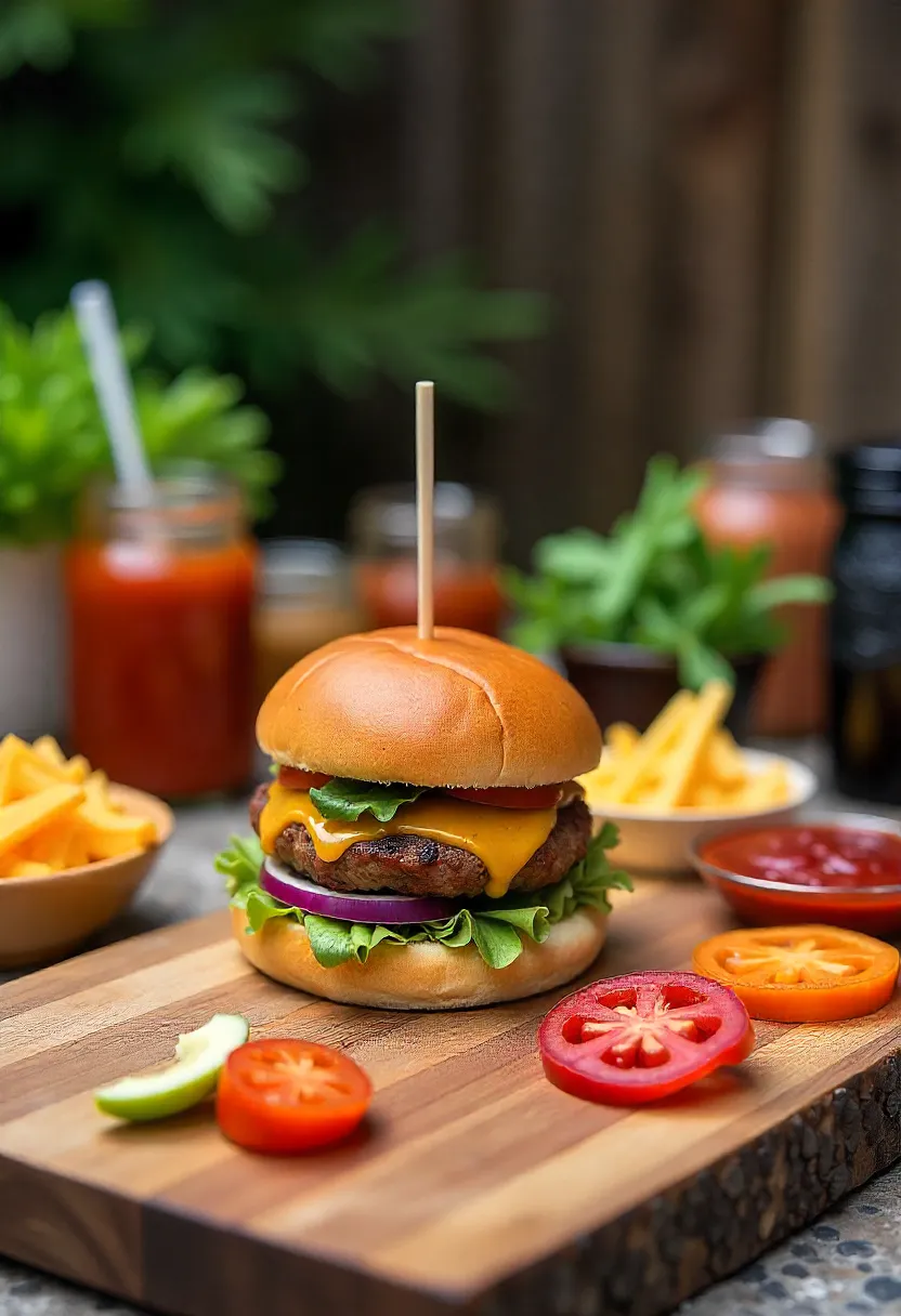 Friends building burgers at a backyard burger bar, laughing and enjoying a lively summer gathering.
