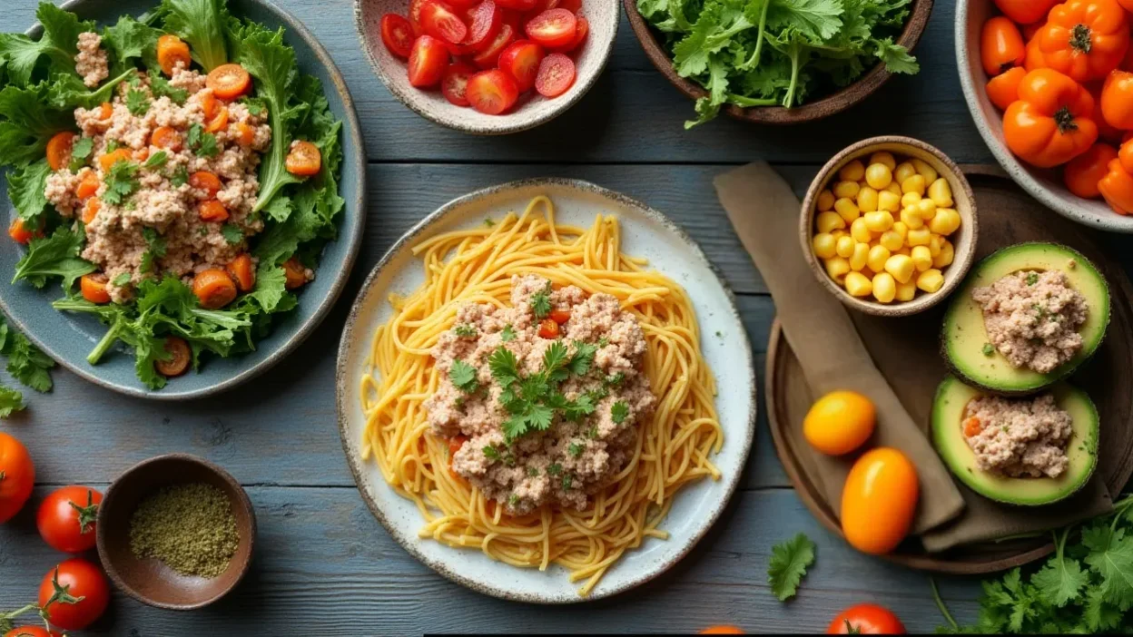 Colorful flat lay of tuna dishes with salads, pasta, avocado wraps, and fresh vegetables on a wooden table.