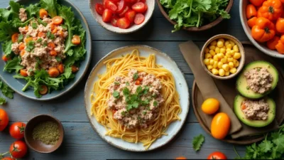 Colorful flat lay of tuna dishes with salads, pasta, avocado wraps, and fresh vegetables on a wooden table.