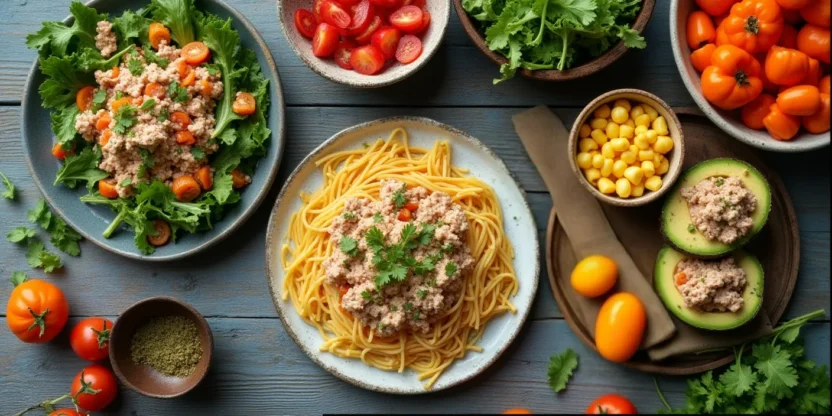 Colorful flat lay of tuna dishes with salads, pasta, avocado wraps, and fresh vegetables on a wooden table.