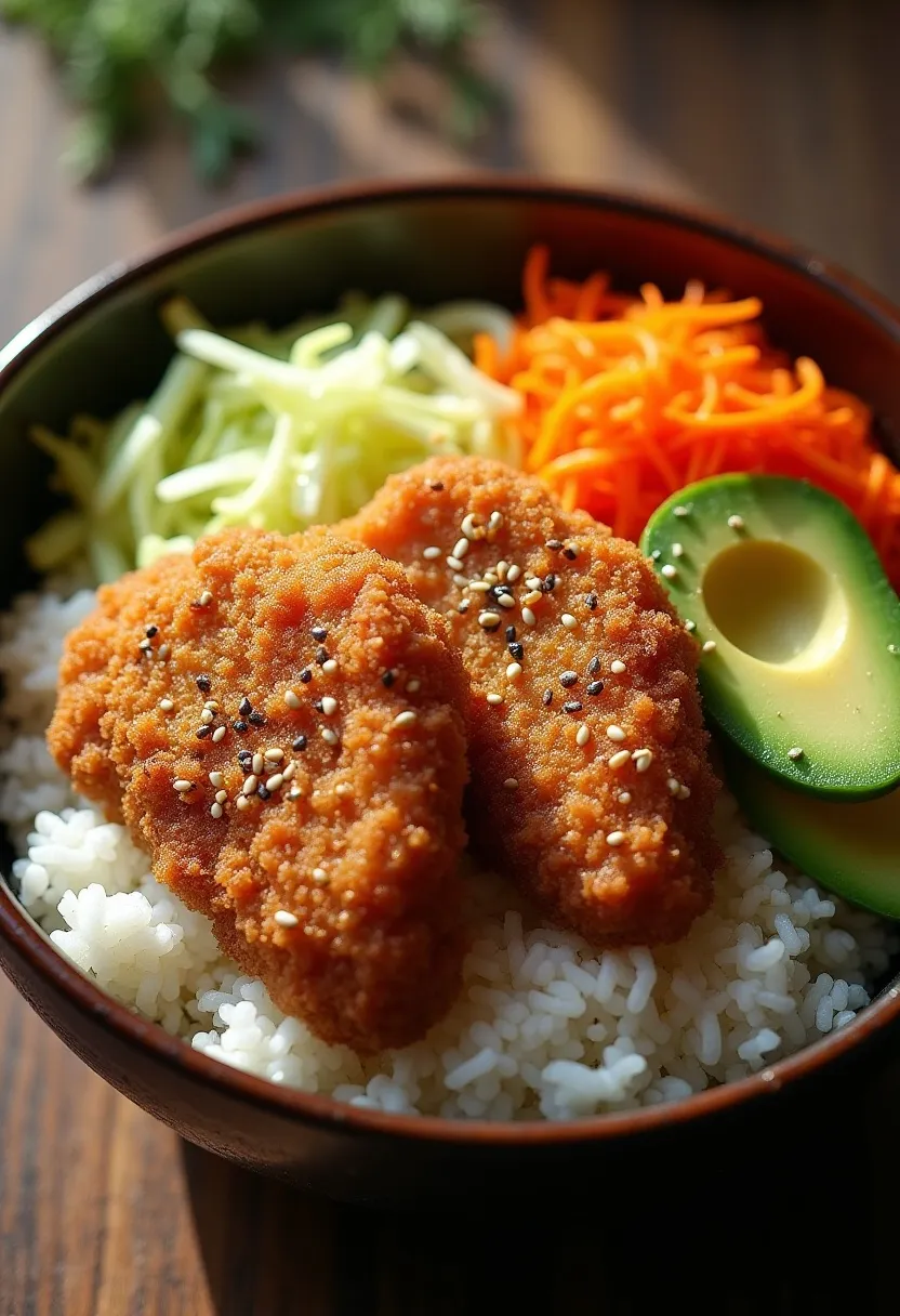 Crispy chicken katsu on rice with fresh vegetables, sauce, and sesame seeds in a Japanese bowl.