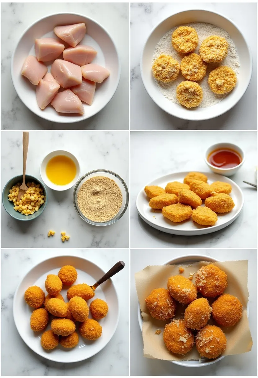 Collage showing prepping, breading, baking, and serving homemade chicken nuggets with dips.