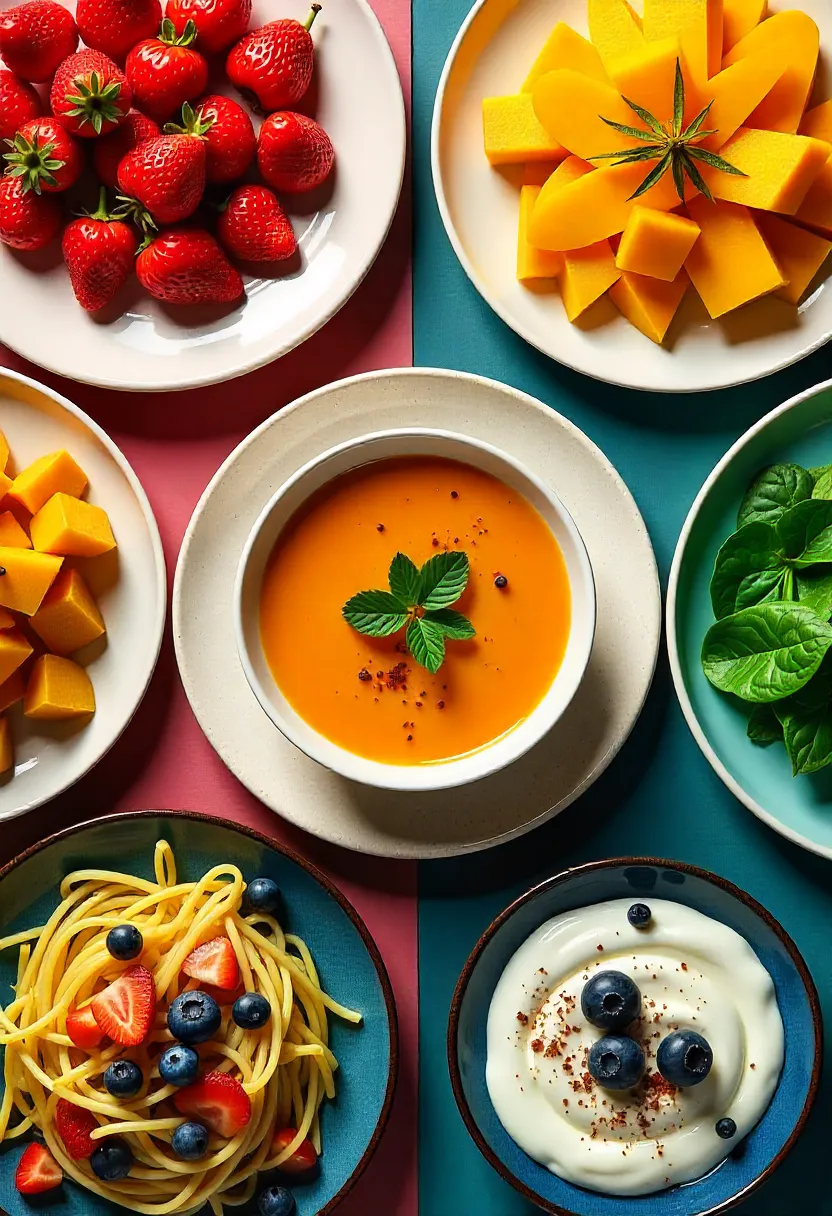 Collage of colorful foods in red, orange, yellow, green, blue, black, and white showing mood and appetite effects.