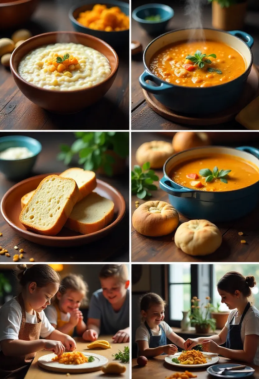 Collage of comfort cooking and shared meals: porridge, soup, bread, and people cooking together, evoking warmth and connection.