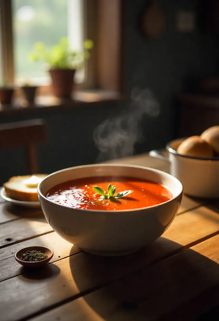Steaming bowl of tomato soup on a rustic table with bread and herbs, evoking warmth, comfort, and nostalgia.