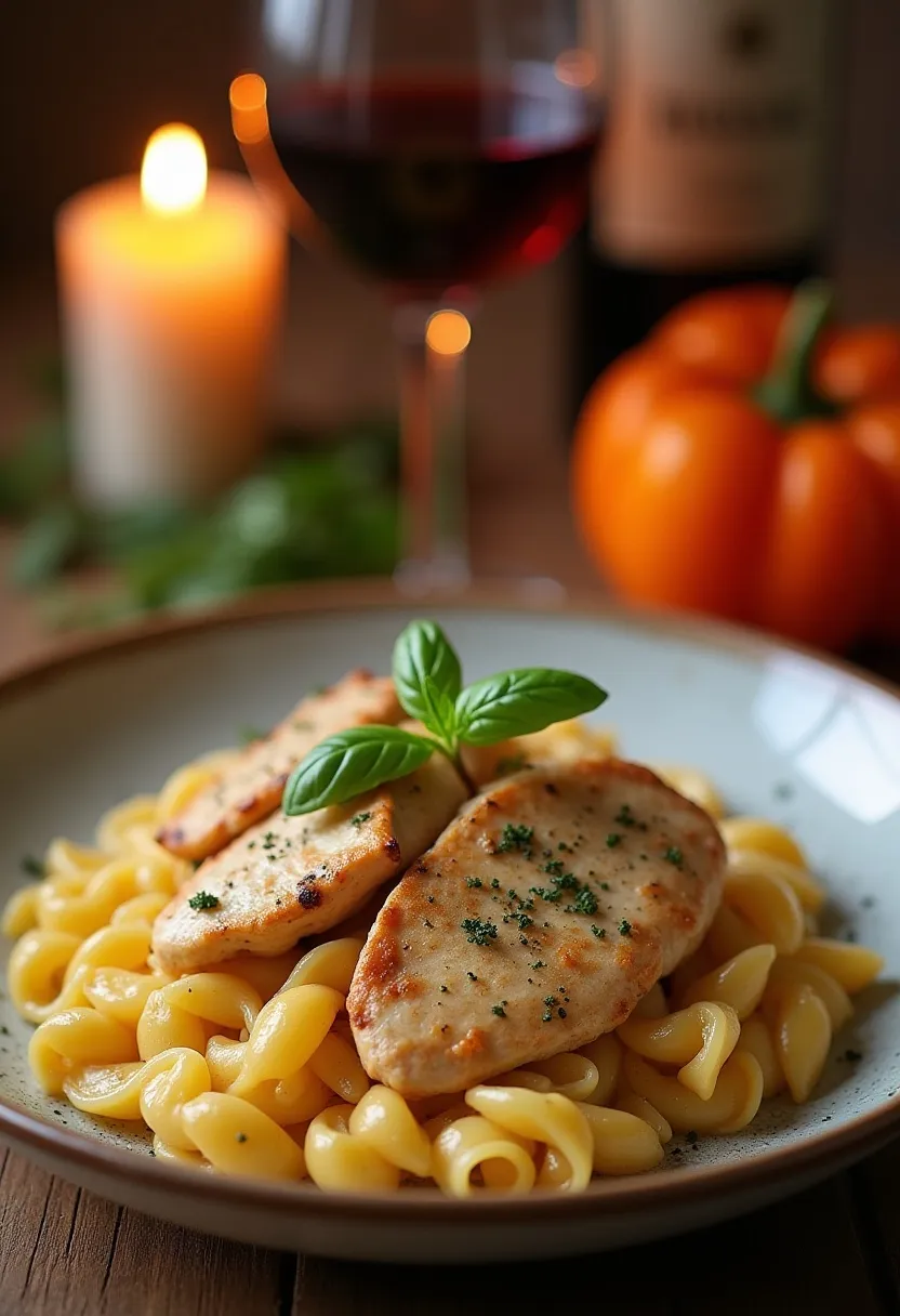 Collage of Tuscan chicken pasta for weeknights, date nights, and dinner with friends, with wine and cozy table settings.