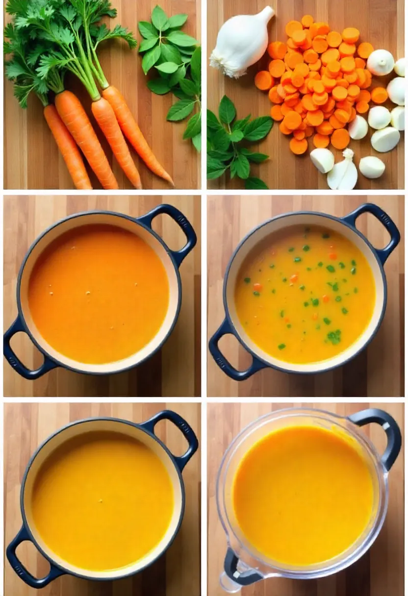 Cooking carrot soup with chopped vegetables, simmering pot, and fresh mint.
