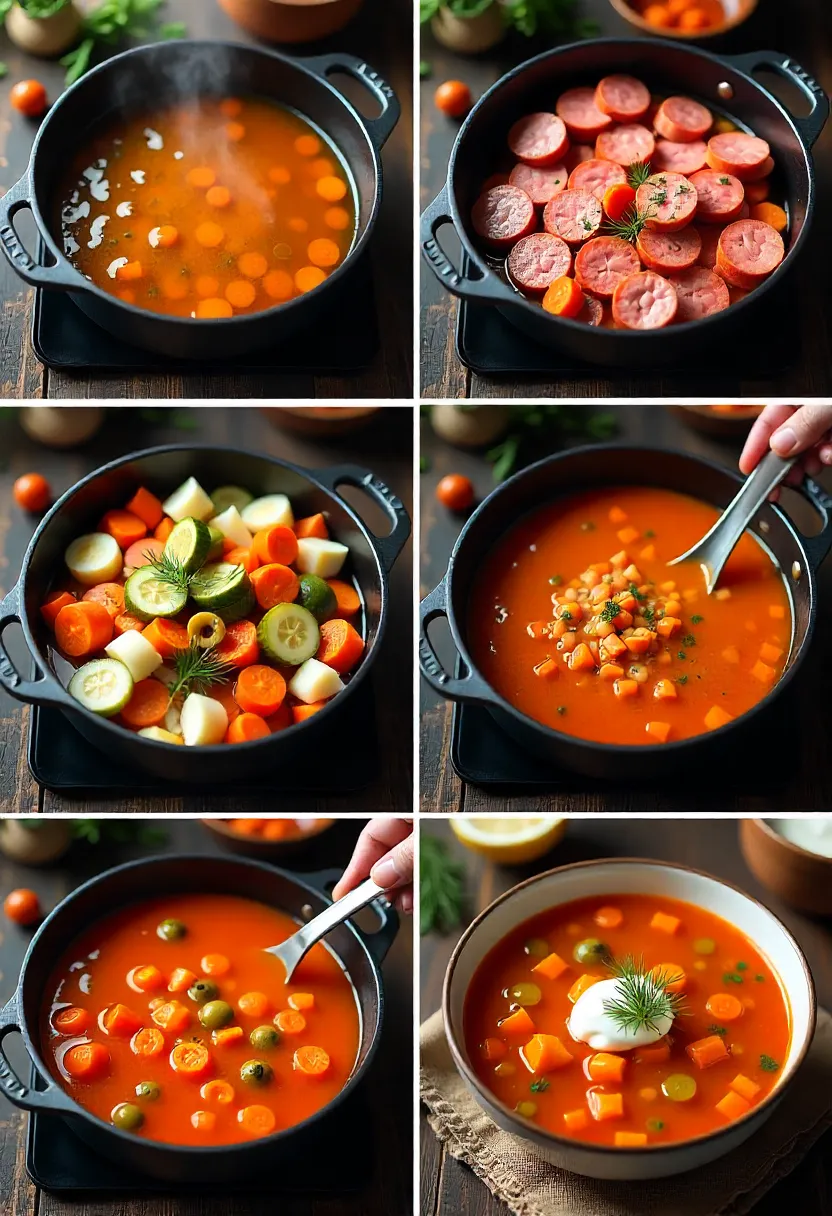 Collage showing step-by-step solyanka preparation: simmering broth, sautéed vegetables, fried meats, combined ingredients, and finished soup with lemon and dill.