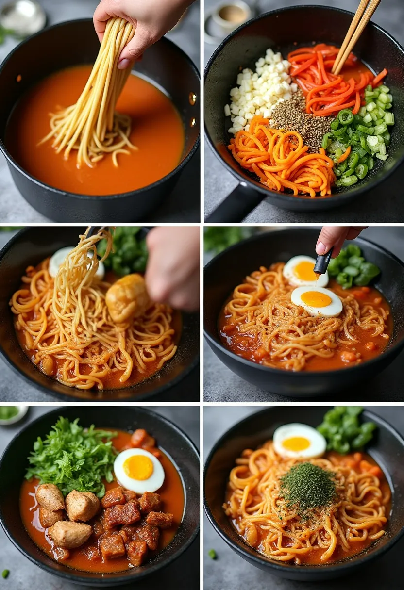 Collage of saucy ramen bowls: vegetarian, protein-packed, spicy, and comfort egg.