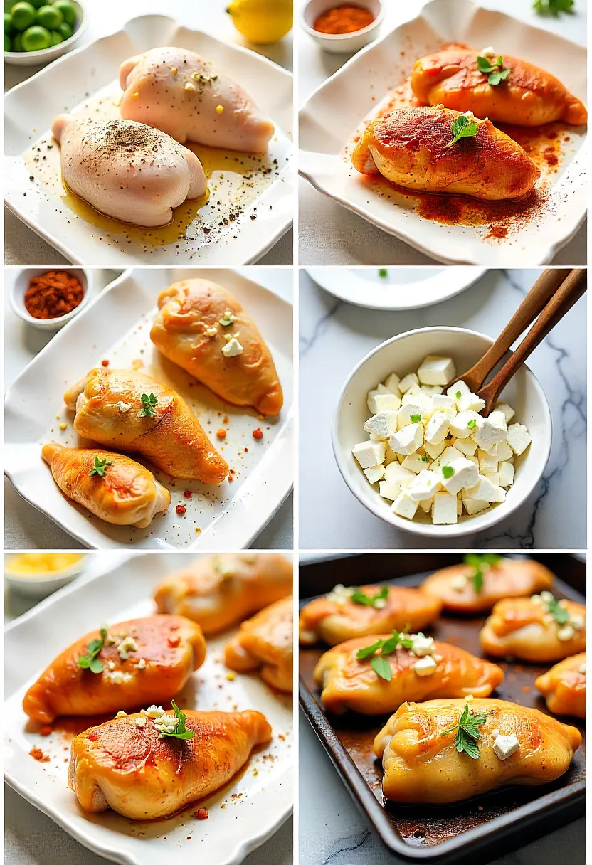 Collage showing step-by-step honey feta chicken preparation: seasoning, honey glaze, feta topping, and baking process.