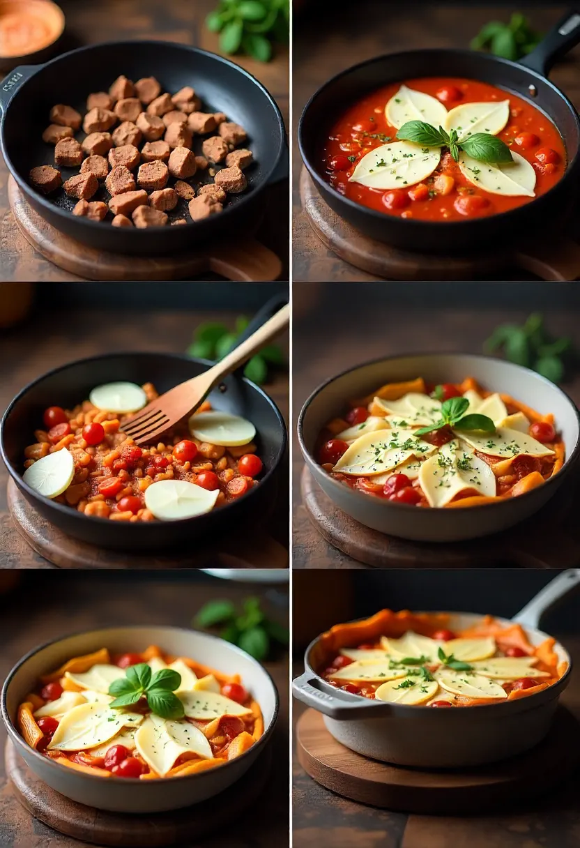 Collage of lasagna preparation with meat, vegetables, herbs, and layered assembly.