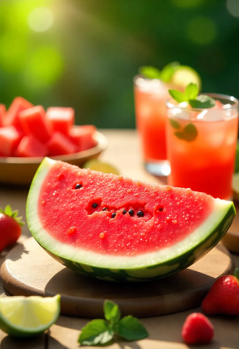 Juicy watermelon slices and cubes with summer fruits and refreshing drinks on a sunlit table.