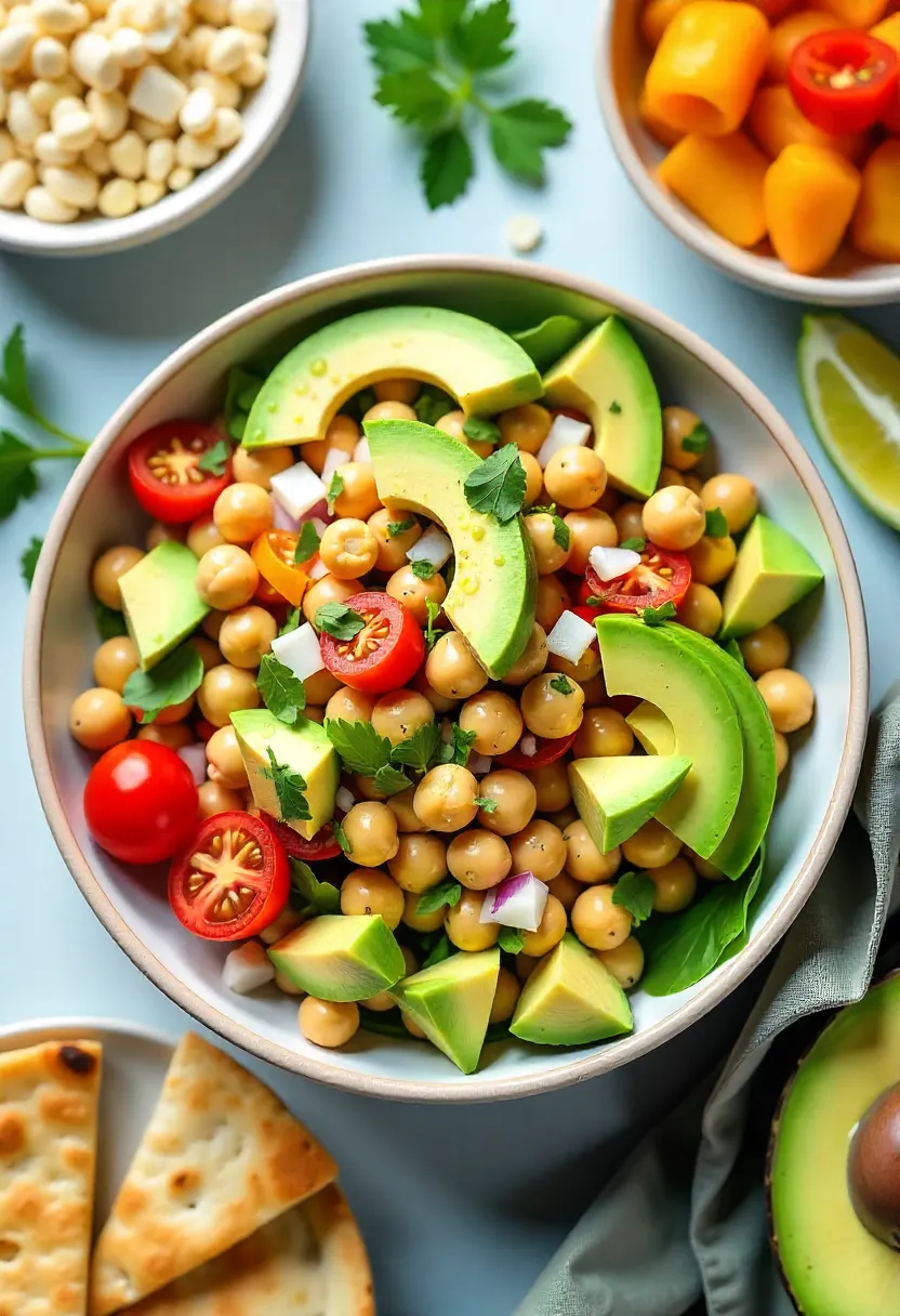 Collage of chickpea and avocado salad with feta, nuts, grilled veggies, herbs, and pita slices.