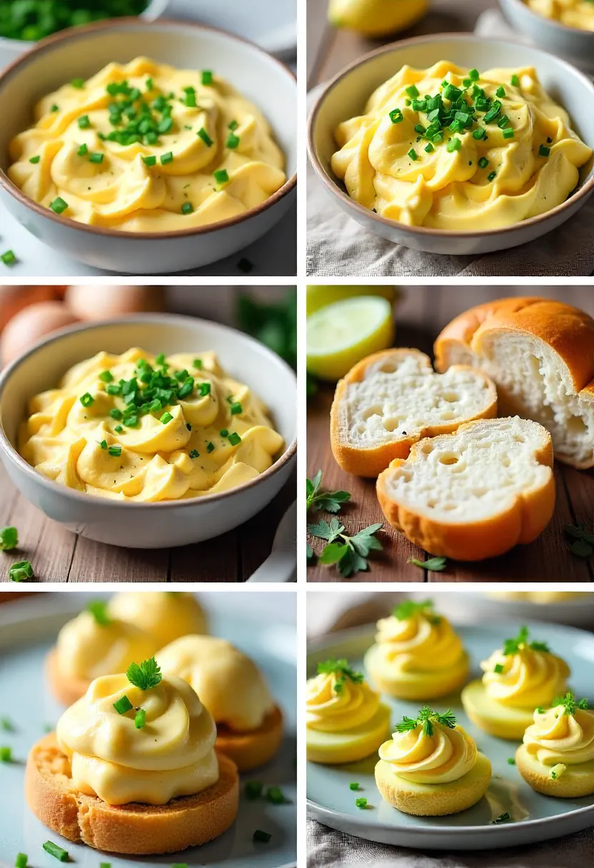 Collage of creamy egg salad in a bowl, sandwiches, crackers, and lettuce cups with fresh herbs.