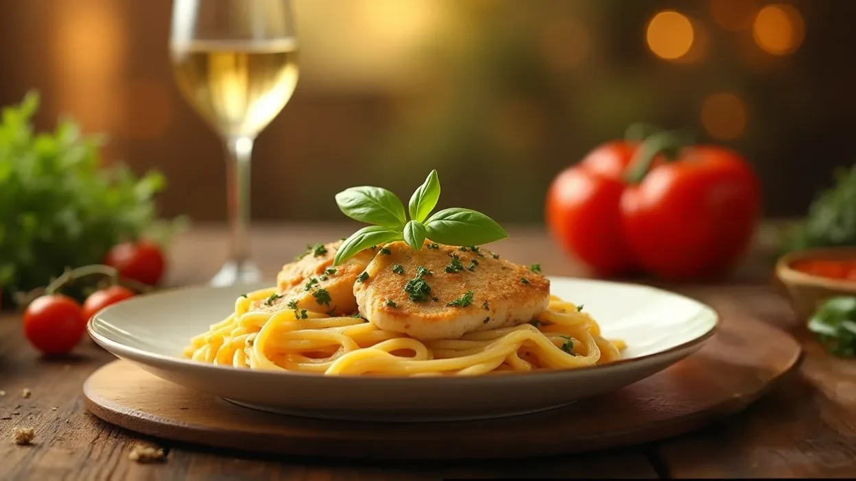 Creamy Tuscan chicken pasta on a rustic table with herbs and wine.
